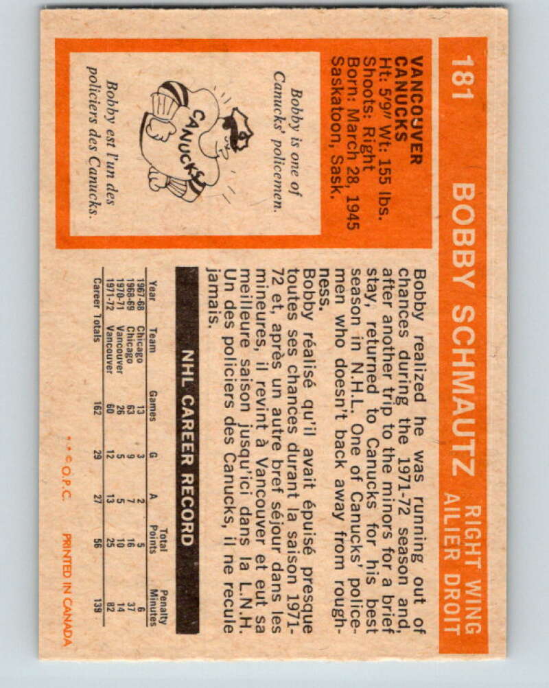 1972-73 O-Pee-Chee #181 Bobby Schmautz RC Rookie Vancouver Canucks V4039