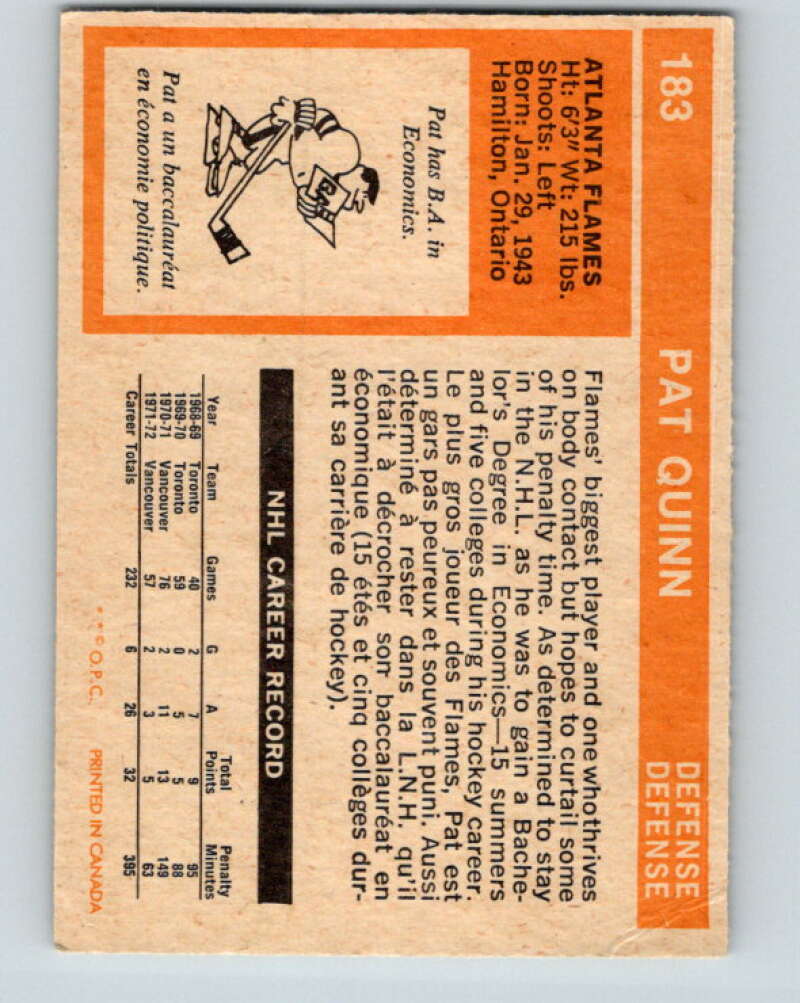 1972-73 O-Pee-Chee #183 Pat Quinn Atlanta Flames V4044