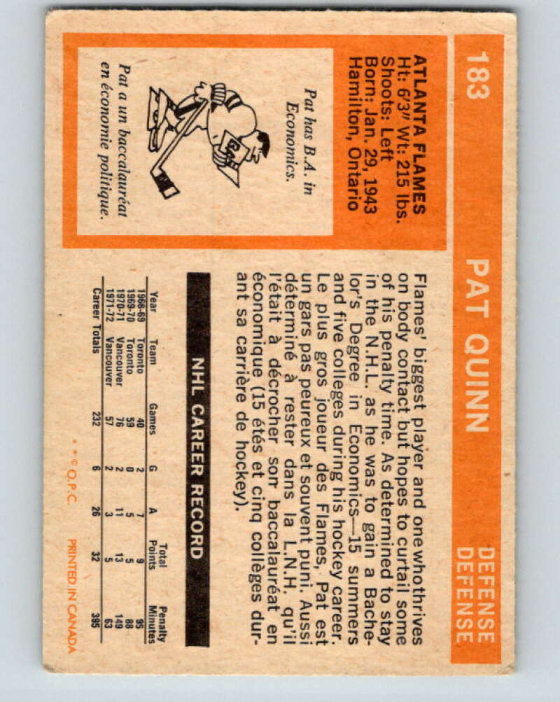 1972-73 O-Pee-Chee #183 Pat Quinn Atlanta Flames V4045