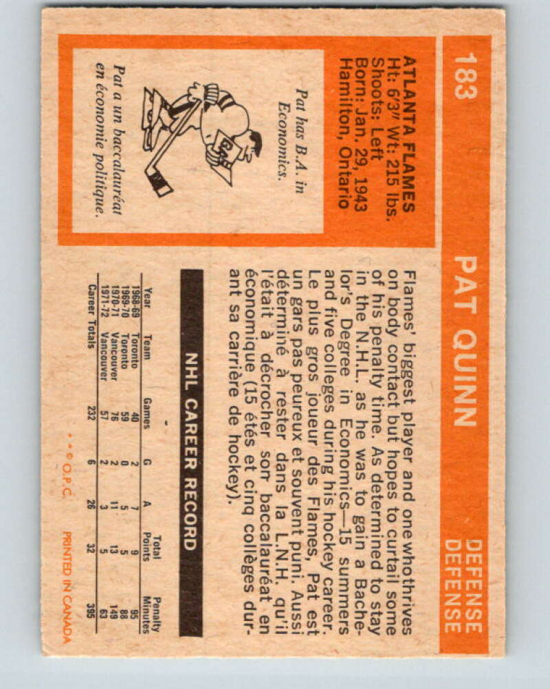 1972-73 O-Pee-Chee #183 Pat Quinn Atlanta Flames V4046