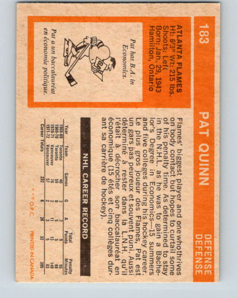 1972-73 O-Pee-Chee #183 Pat Quinn Atlanta Flames V4048