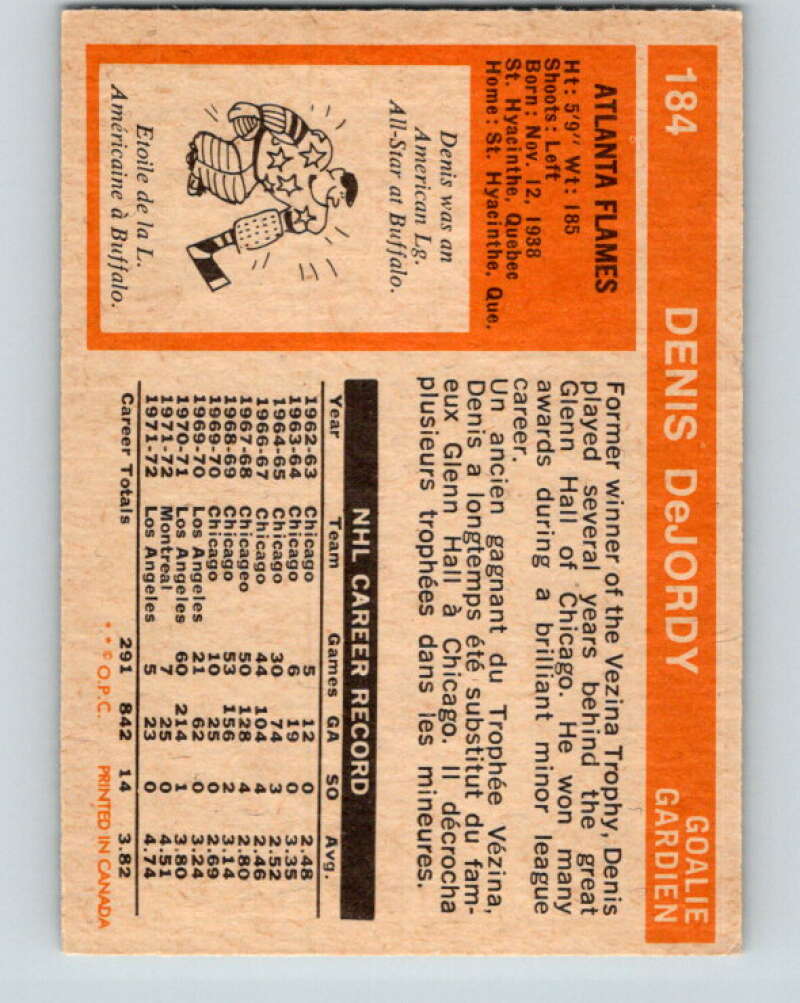 1972-73 O-Pee-Chee #184 Denis DeJordy UER Detroit Red Wings V4050