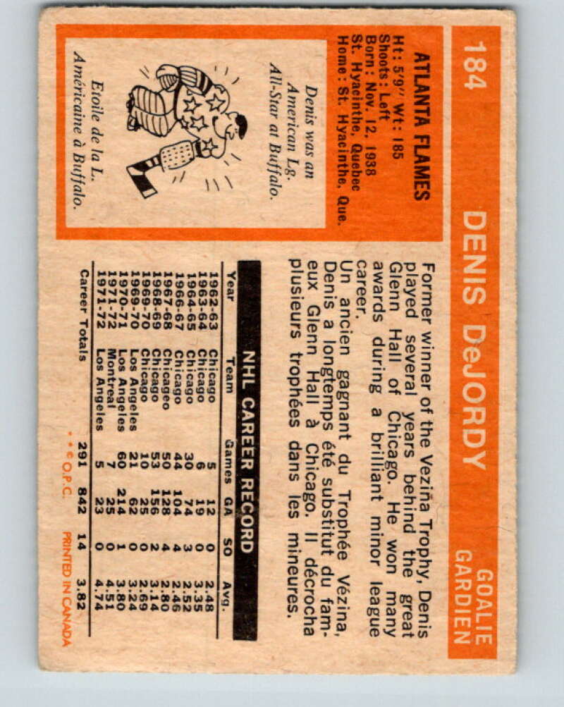 1972-73 O-Pee-Chee #184 Denis DeJordy UER Detroit Red Wings V4052