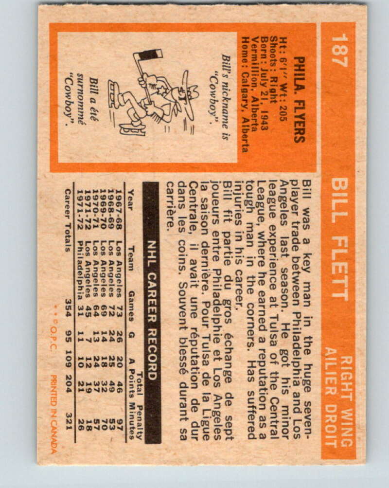 1972-73 O-Pee-Chee #187 Bill Flett Philadelphia Flyers V4062
