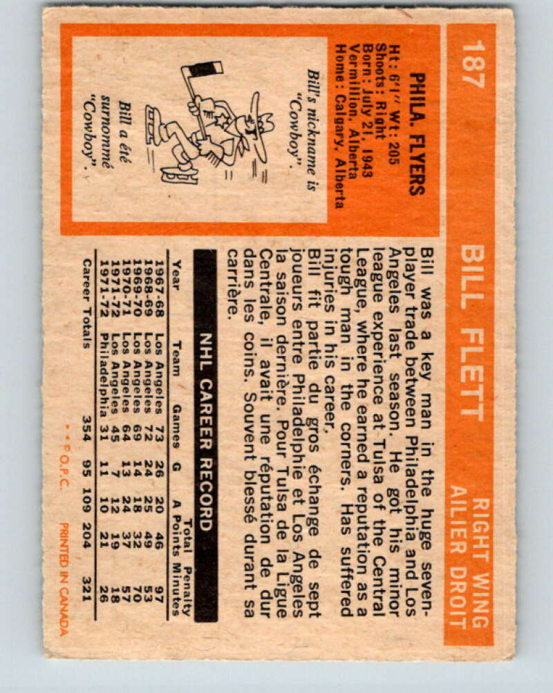 1972-73 O-Pee-Chee #187 Bill Flett Philadelphia Flyers V4064