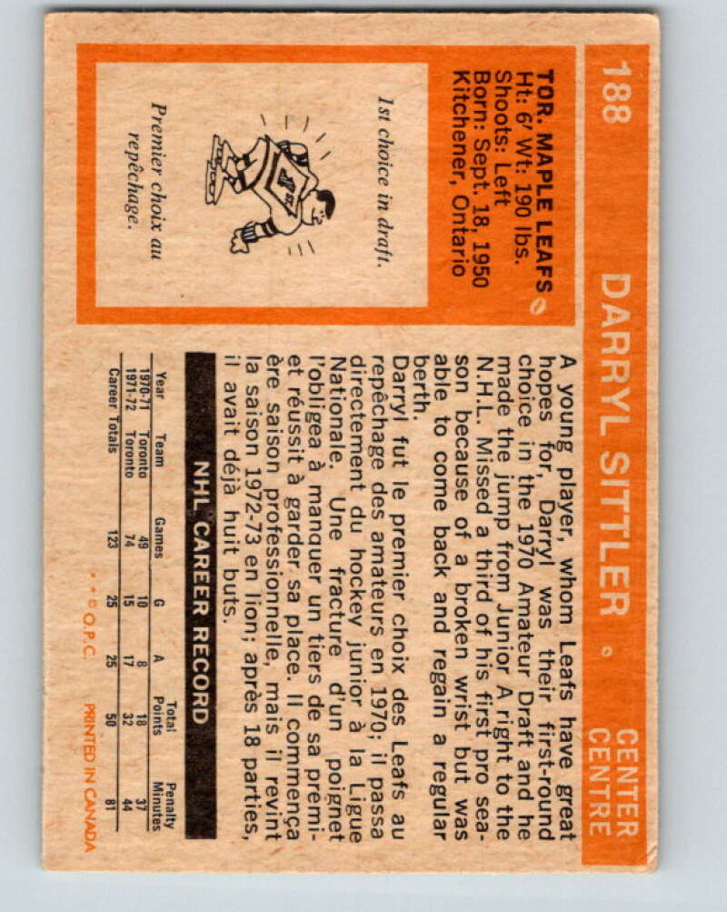 1972-73 O-Pee-Chee #188 Darryl Sittler Toronto Maple Leafs V4066