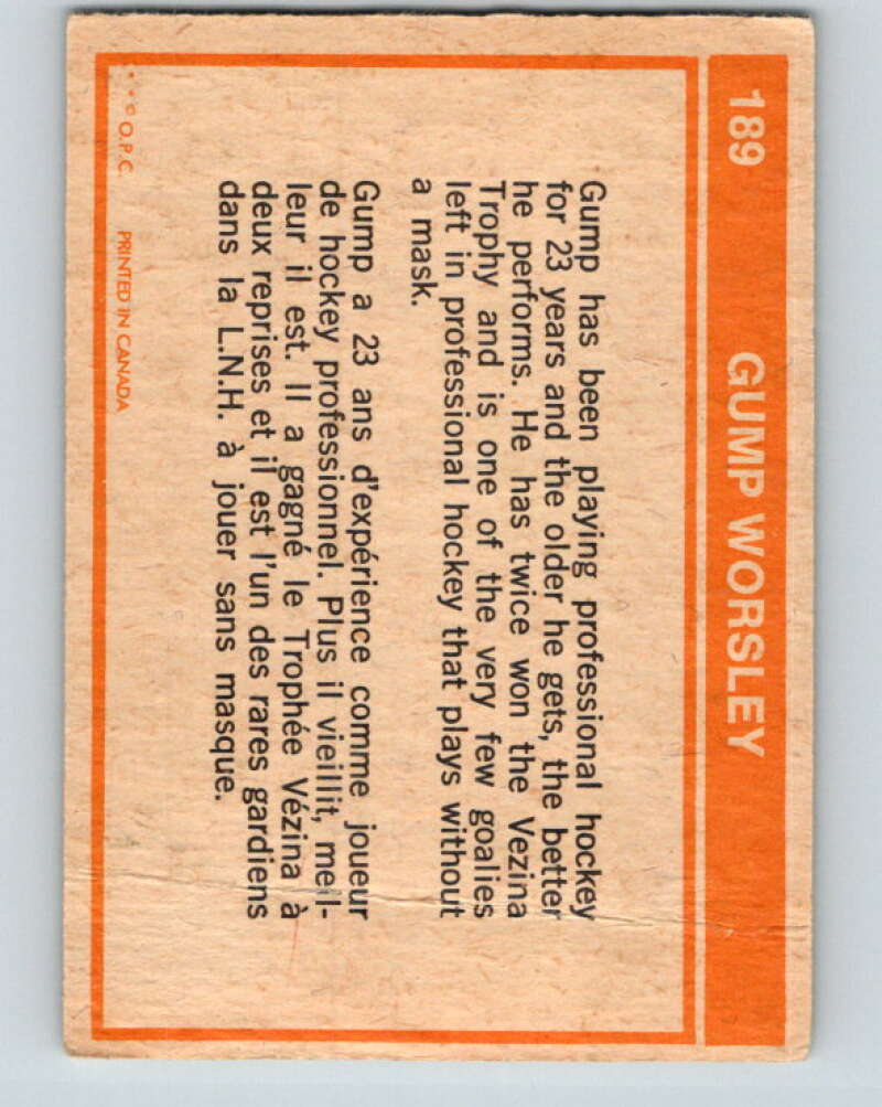 1972-73 O-Pee-Chee #189 Gump Worsley Minnesota North Stars V4071