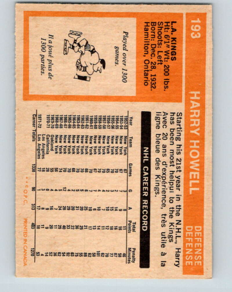 1972-73 O-Pee-Chee #193 Harry Howell Los Angeles Kings V4085