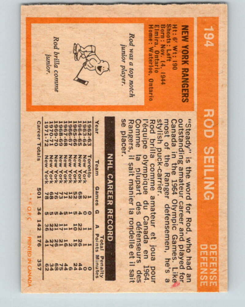 1972-73 O-Pee-Chee #194 Rod Seiling New York Rangers V4090