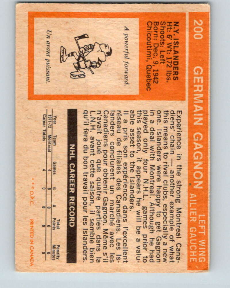 1972-73 O-Pee-Chee #200 Germain Gagnon RC Rookie New York Islanders V4109