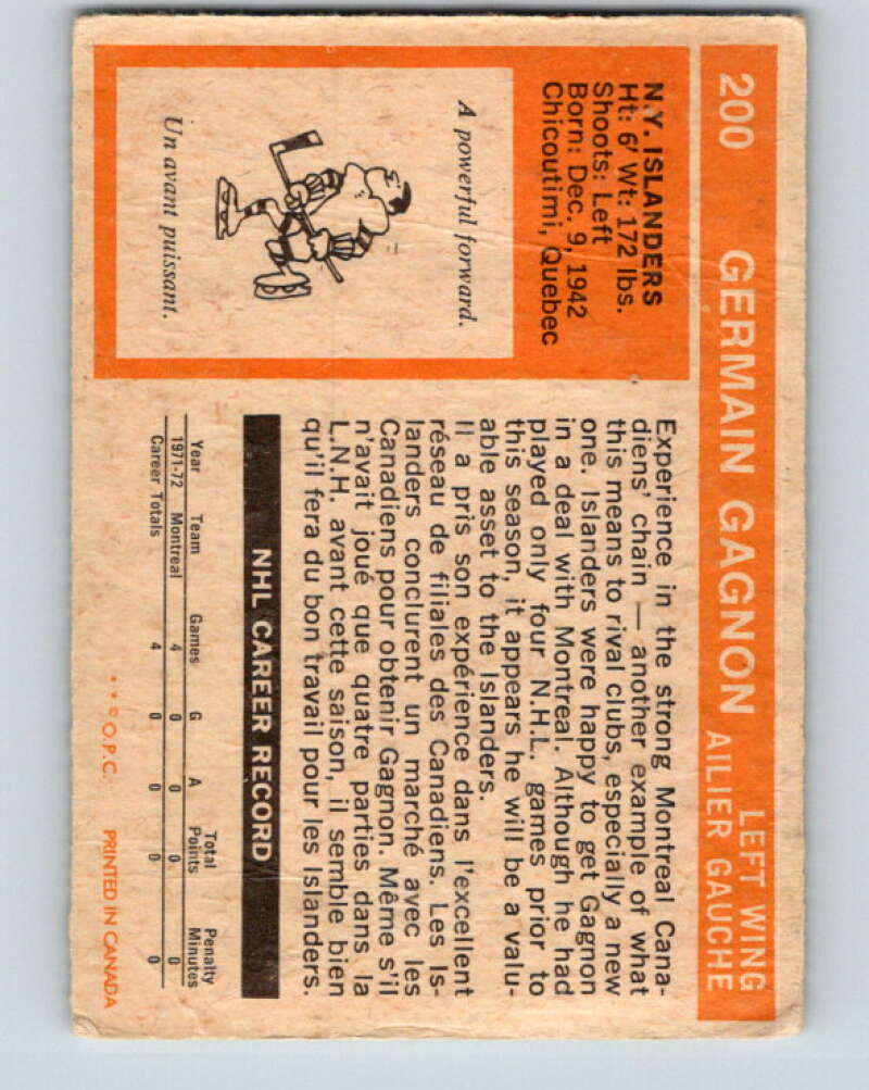 1972-73 O-Pee-Chee #200 Germain Gagnon RC Rookie New York Islanders V4110