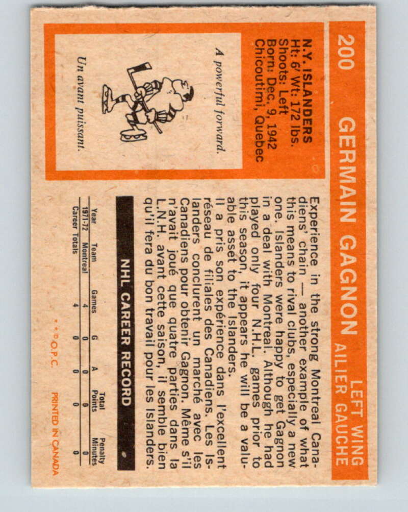 1972-73 O-Pee-Chee #200 Germain Gagnon RC Rookie New York Islanders V4111