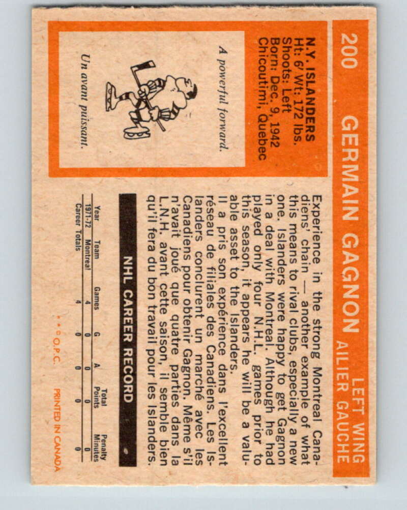 1972-73 O-Pee-Chee #200 Germain Gagnon RC Rookie New York Islanders V4112