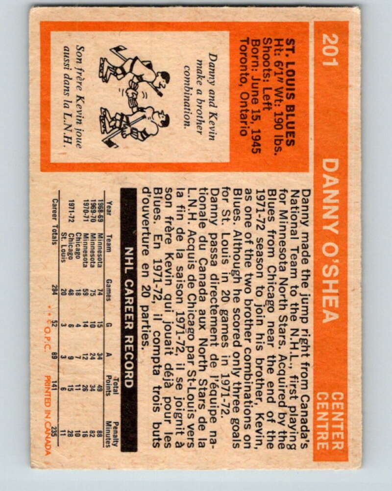 1972-73 O-Pee-Chee #201 Danny O'Shea St. Louis Blues V4113