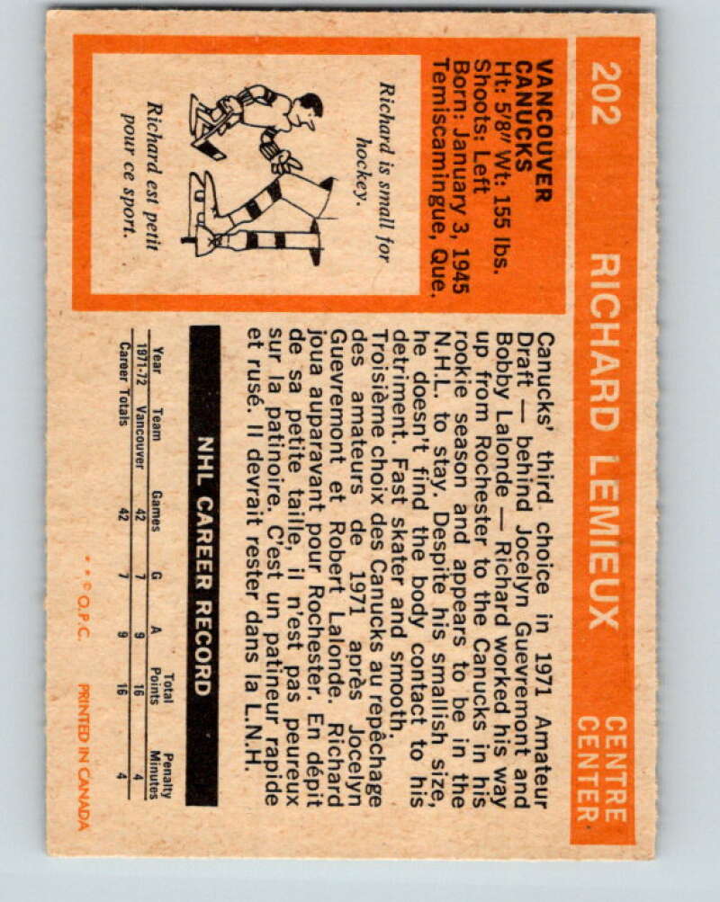 1972-73 O-Pee-Chee #202 Richard Lemieux RC Rookie Vancouver Canucks V4118