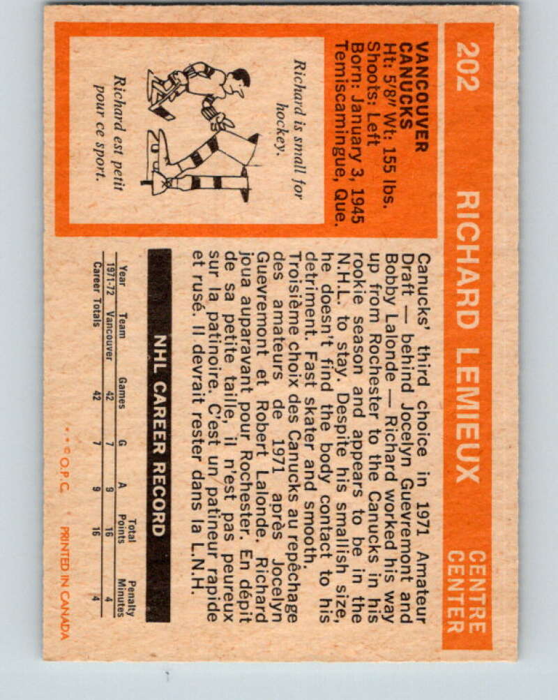 1972-73 O-Pee-Chee #202 Richard Lemieux RC Rookie Vancouver Canucks V4119