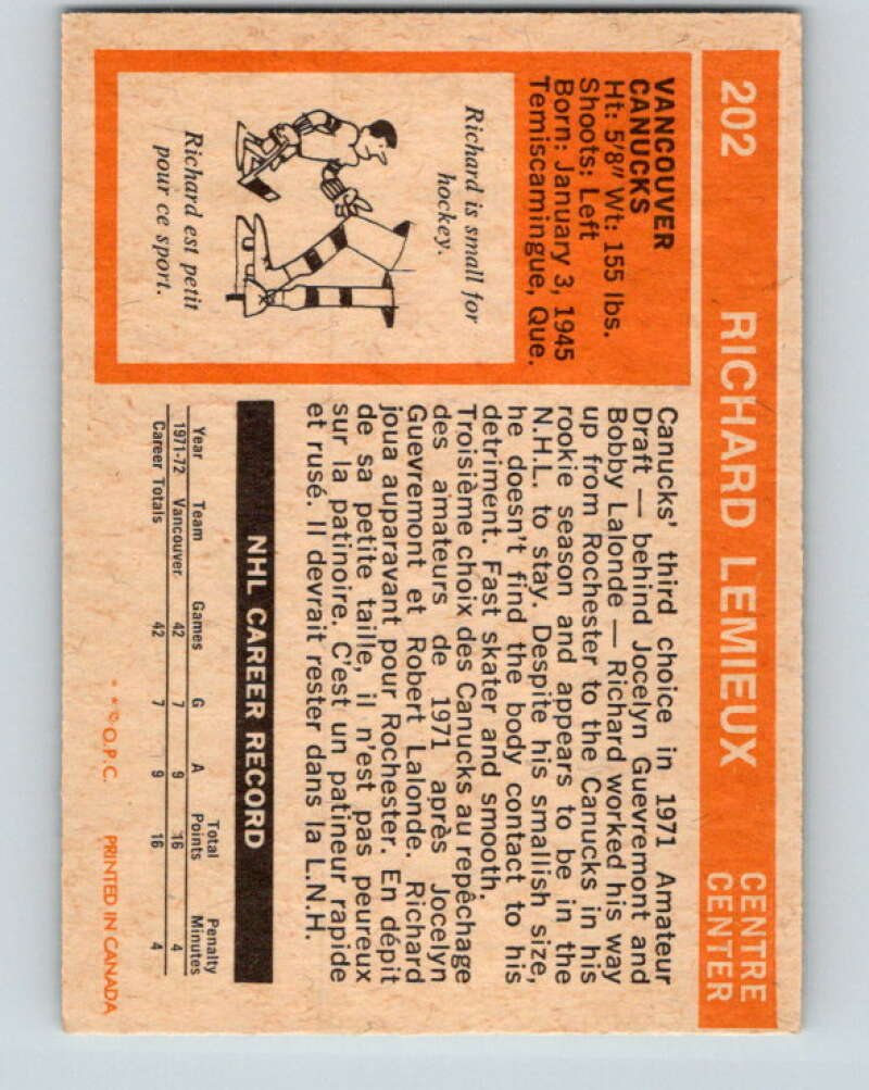 1972-73 O-Pee-Chee #202 Richard Lemieux RC Rookie Vancouver Canucks V4120