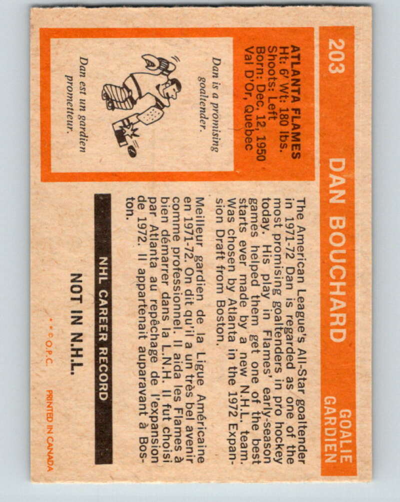 1972-73 O-Pee-Chee #203 Dan Bouchard RC Rookie Atlanta Flames V4123