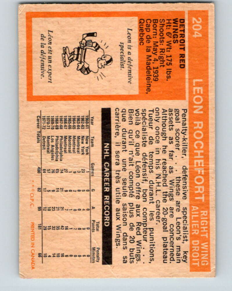 1972-73 O-Pee-Chee #204 Leon Rochefort Detroit Red Wings V4125