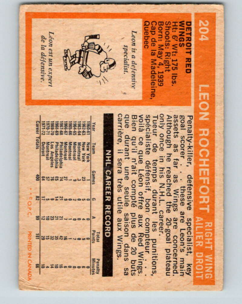 1972-73 O-Pee-Chee #204 Leon Rochefort Detroit Red Wings V4126