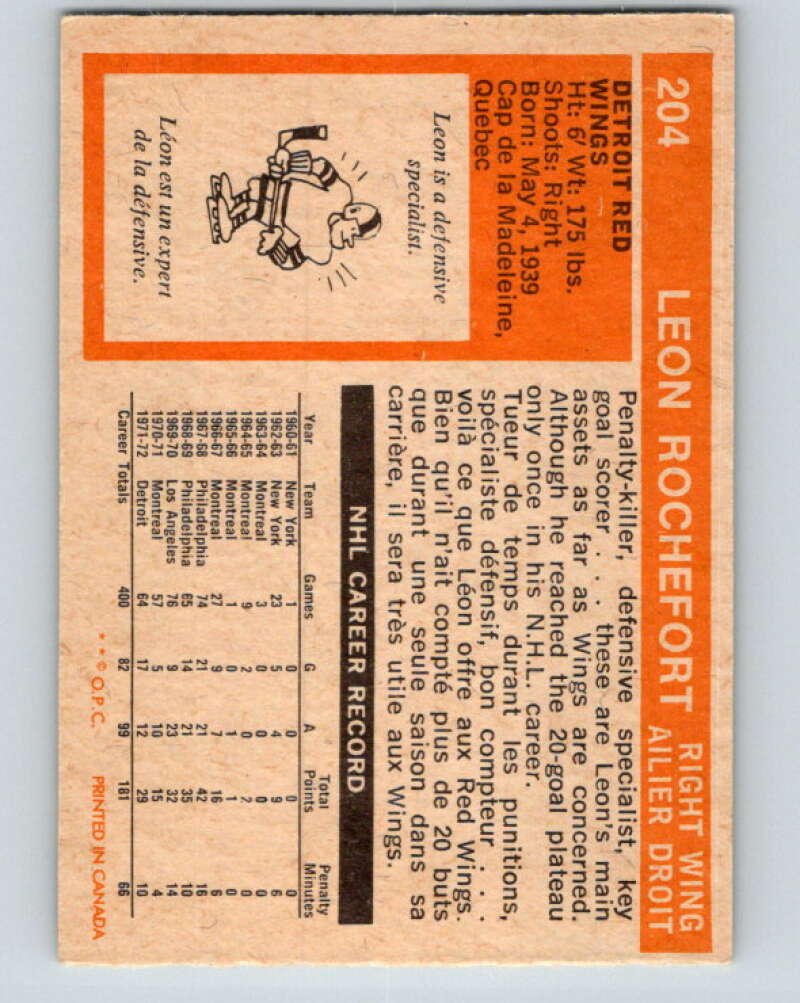 1972-73 O-Pee-Chee #204 Leon Rochefort Detroit Red Wings V4128