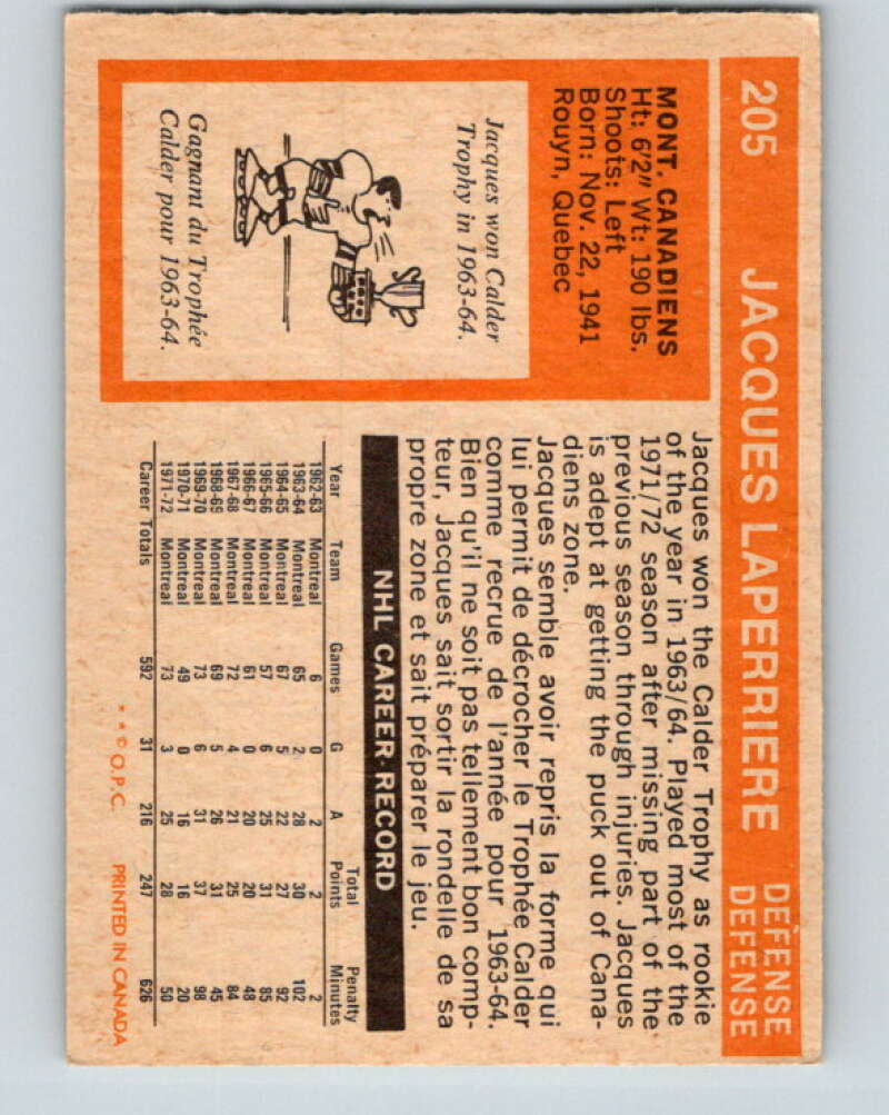 1972-73 O-Pee-Chee #205 Jacques Laperriere Montreal Canadiens V4132
