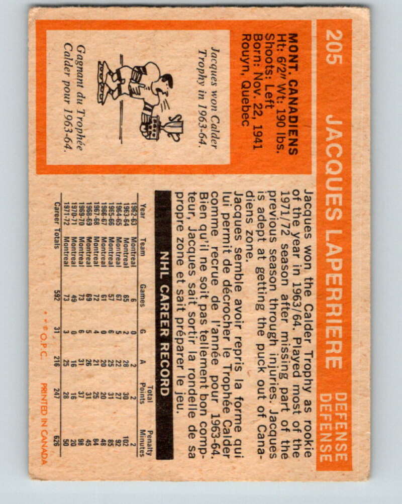 1972-73 O-Pee-Chee #205 Jacques Laperriere Montreal Canadiens V4133
