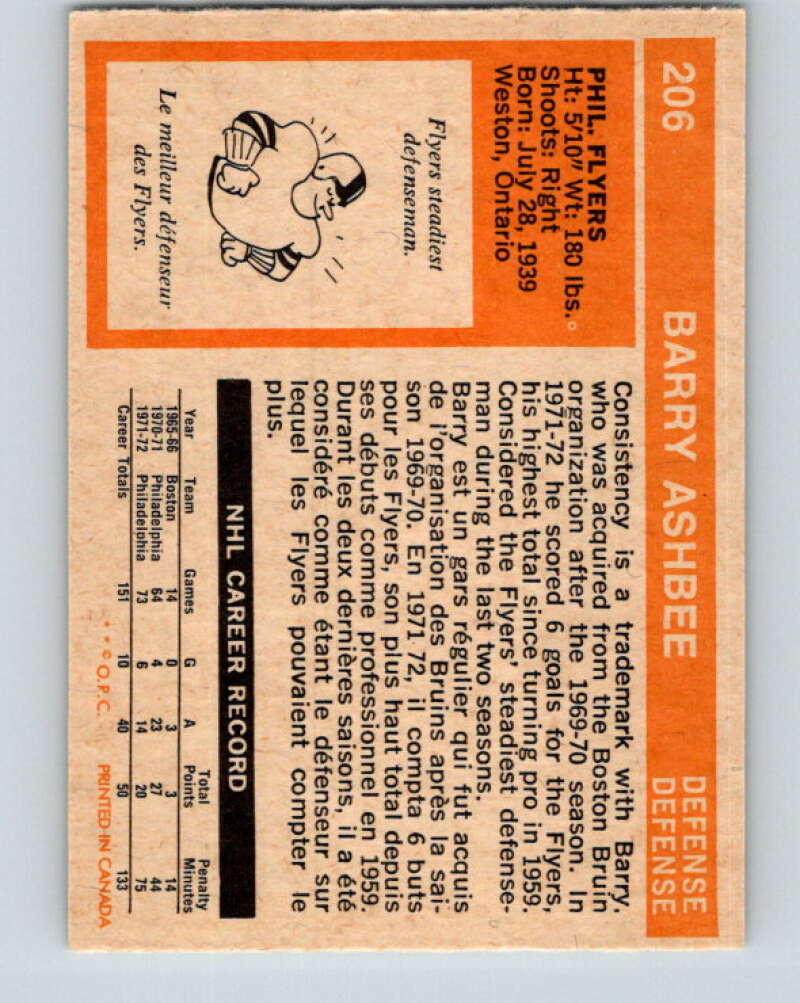 1972-73 O-Pee-Chee #206 Barry Ashbee Philadelphia Flyers V4137