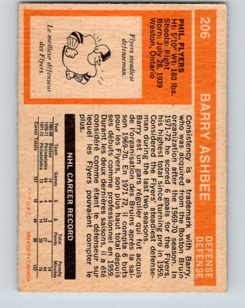 1972-73 O-Pee-Chee #206 Barry Ashbee Philadelphia Flyers V4142