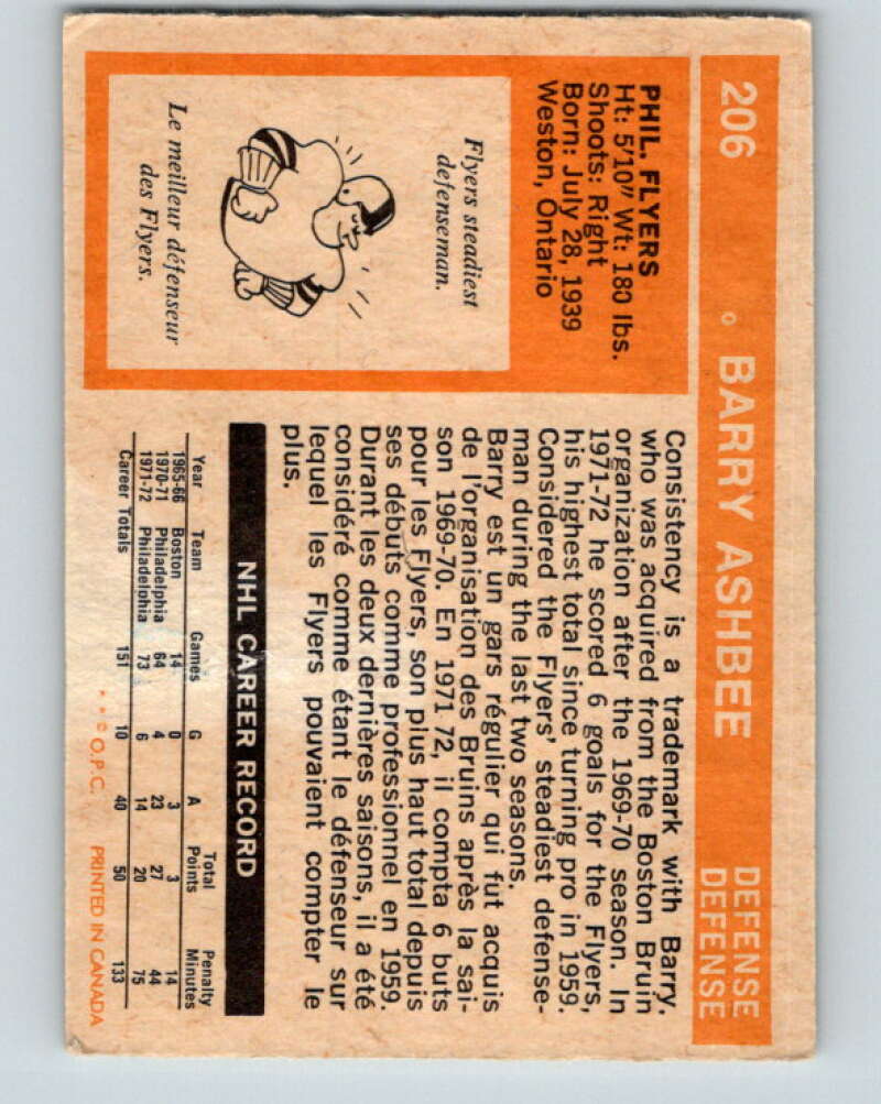 1972-73 O-Pee-Chee #206 Barry Ashbee Philadelphia Flyers V4144