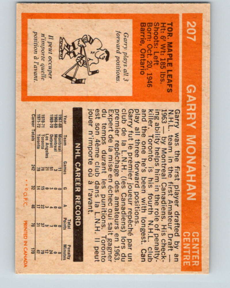 1972-73 O-Pee-Chee #207 Garry Monahan Toronto Maple Leafs V4148