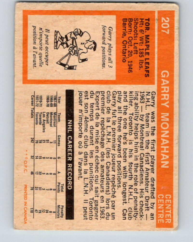 1972-73 O-Pee-Chee #207 Garry Monahan Toronto Maple Leafs V4149
