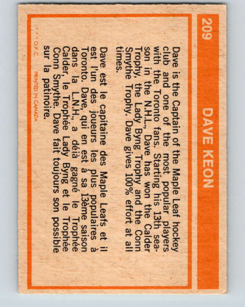 1972-73 O-Pee-Chee #209 Dave Keon Toronto Maple Leafs V4150