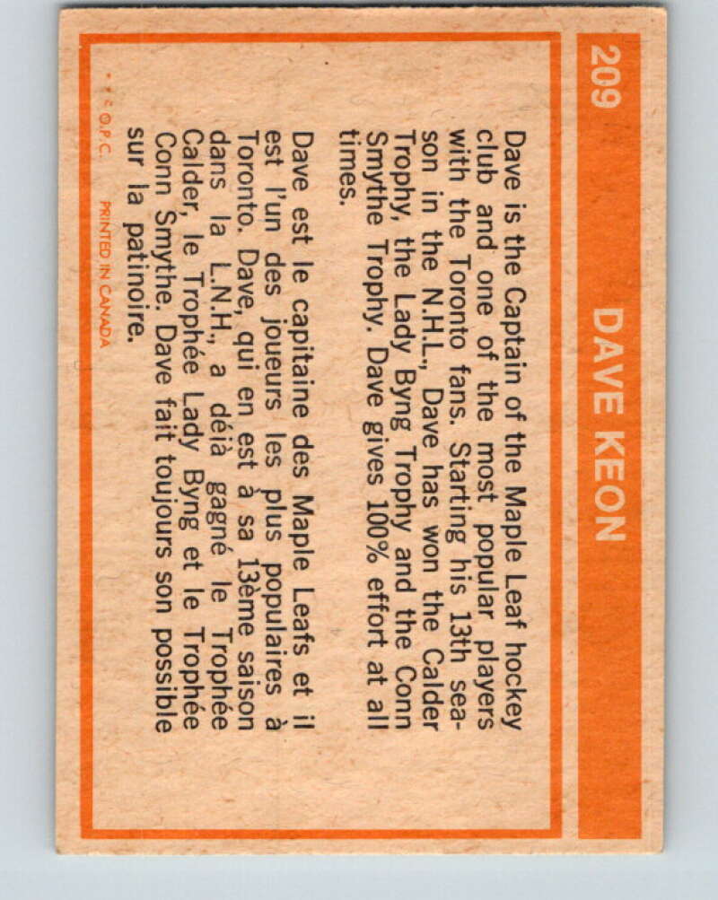 1972-73 O-Pee-Chee #209 Dave Keon Toronto Maple Leafs V4151