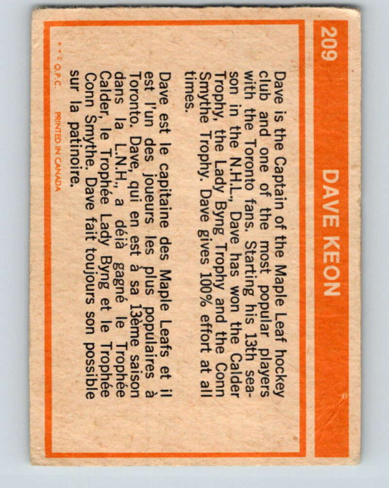 1972-73 O-Pee-Chee #209 Dave Keon Toronto Maple Leafs V4152