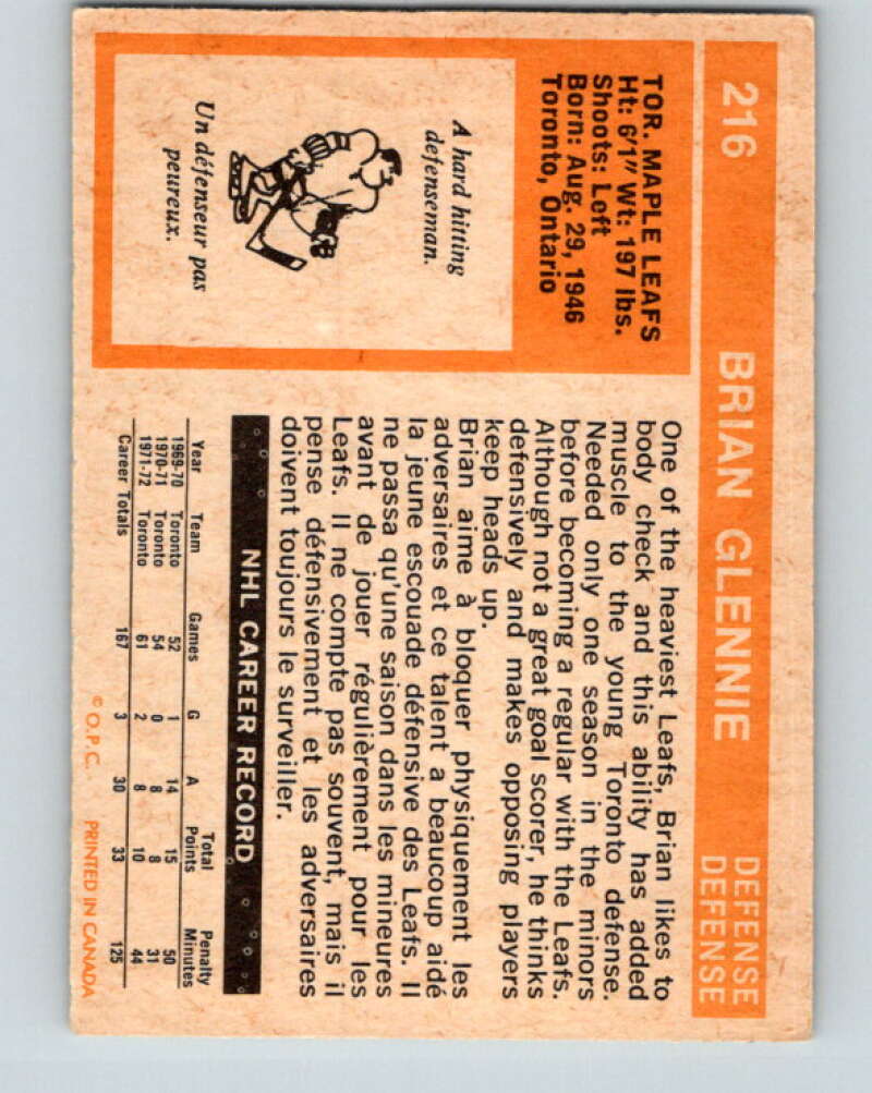 1972-73 O-Pee-Chee #216 Brian Glennie Toronto Maple Leafs V4155