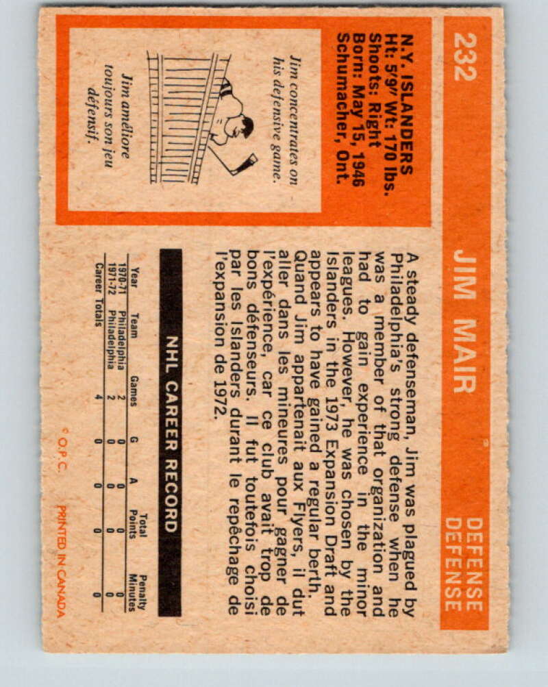 1972-73 O-Pee-Chee #232 Jim Mair RC Rookie New York Islanders V4162