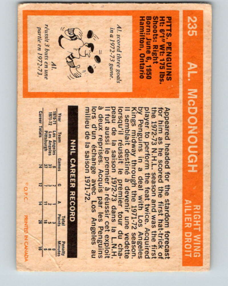 1972-73 O-Pee-Chee #235 Al McDonough Pittsburgh Penguins V4165