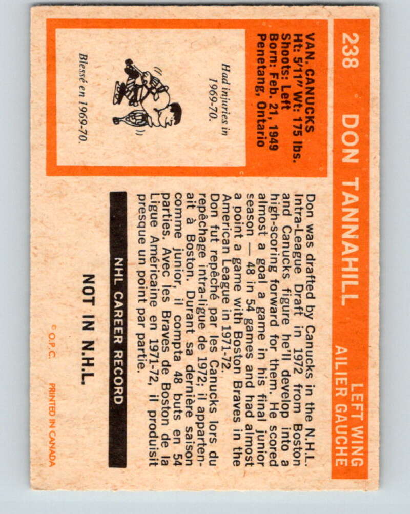 1972-73 O-Pee-Chee #238 Don Tannahill RC Rookie Vancouver Canucks V4166