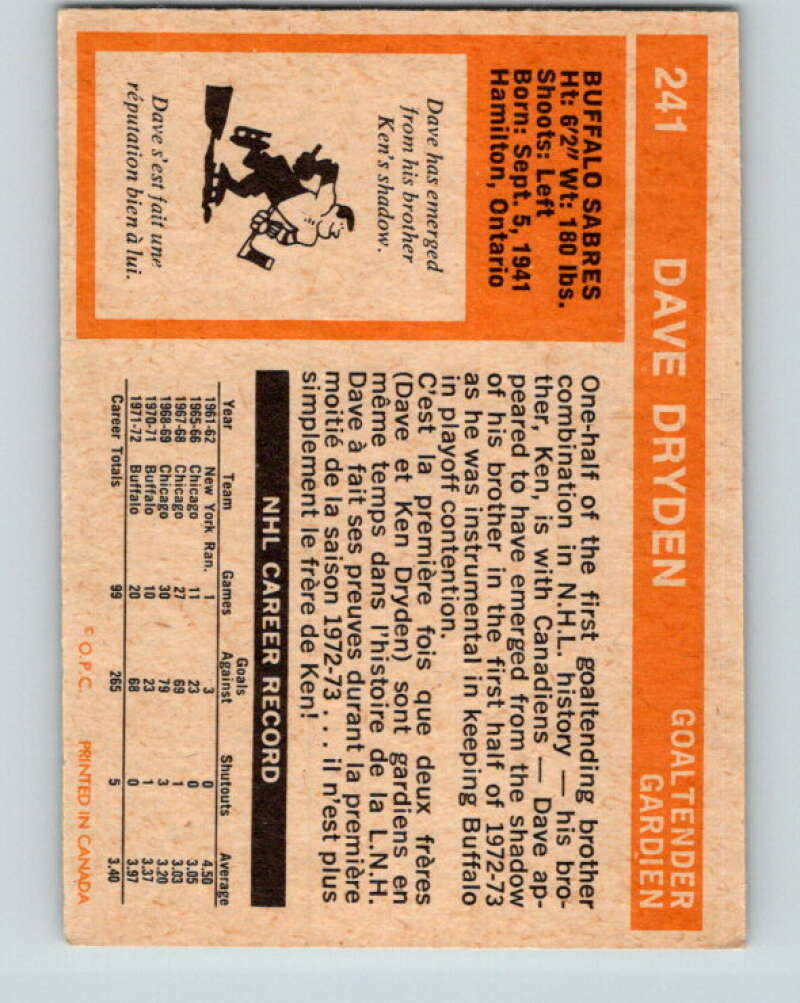 1972-73 O-Pee-Chee #241 Dave Dryden Buffalo Sabres V4168