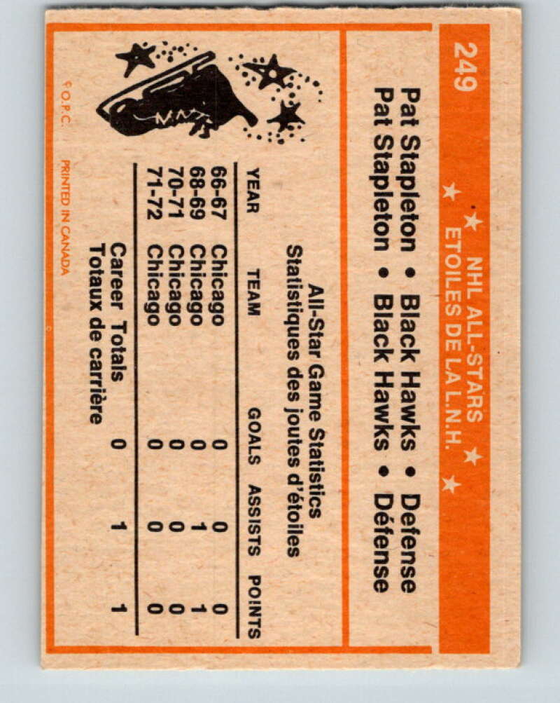 1972-73 O-Pee-Chee #249 Pat Stapleton AS Chicago Blackhawks V4172