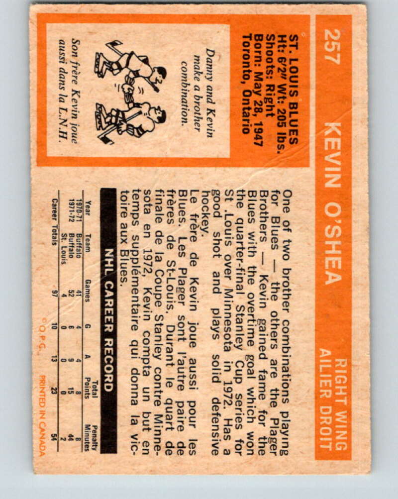 1972-73 O-Pee-Chee #257 Kevin O'Shea RC Rookie St. Louis Blues V4174