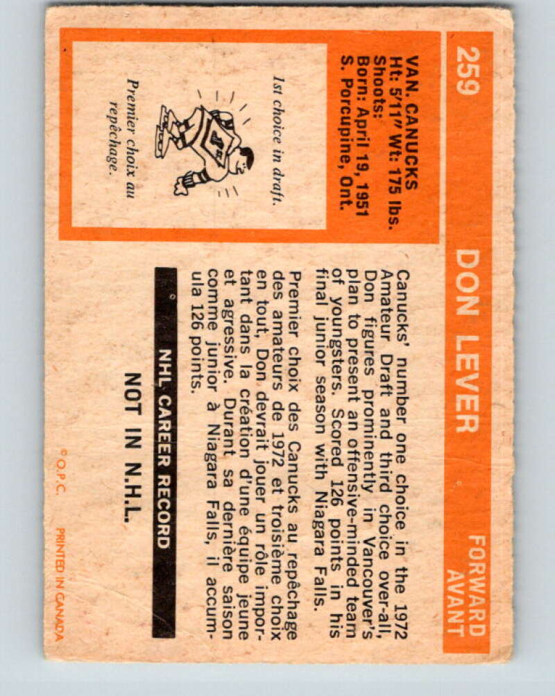1972-73 O-Pee-Chee #259 Don Lever RC Rookie Vancouver Canucks V4178