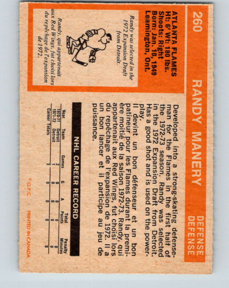 1972-73 O-Pee-Chee #260 Randy Manery RC Rookie Atlanta Flames V4179