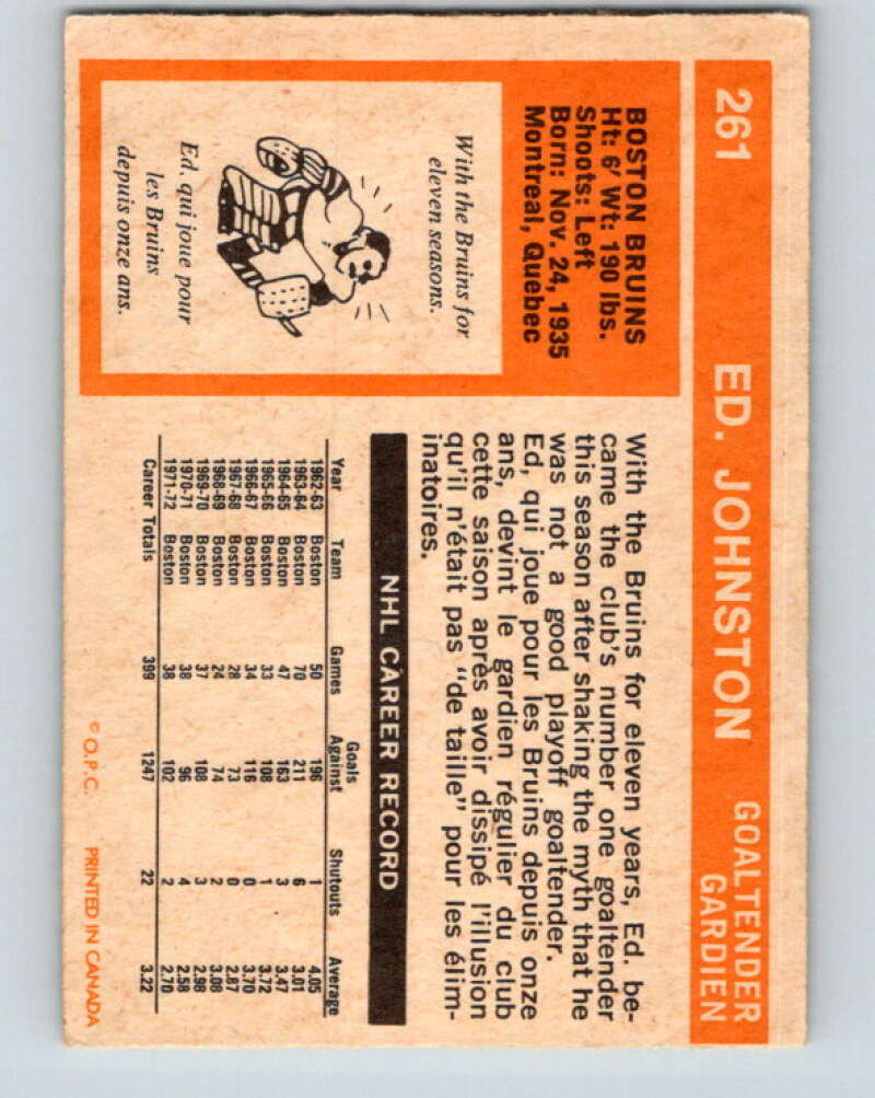 1972-73 O-Pee-Chee #261 Ed Johnston Boston Bruins V4180