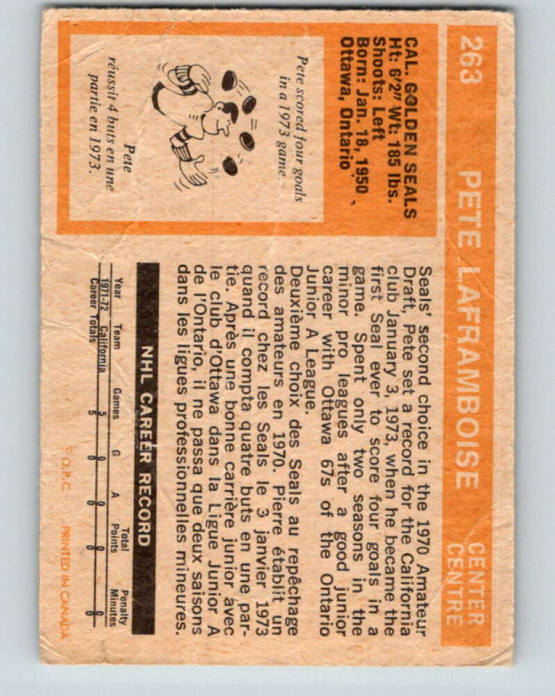 1972-73 O-Pee-Chee #263 Pete Laframboise RC Rookie California Golden Seals V4182