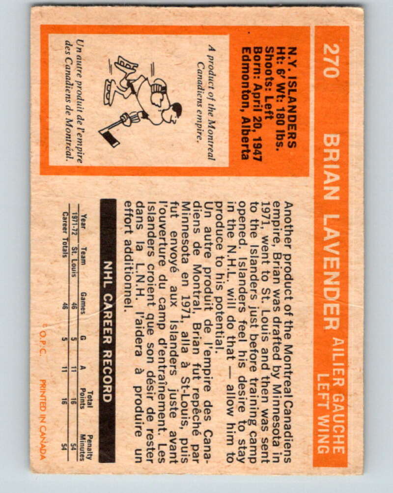 1972-73 O-Pee-Chee #270 Brian Lavender RC Rookie New York Islanders V4185