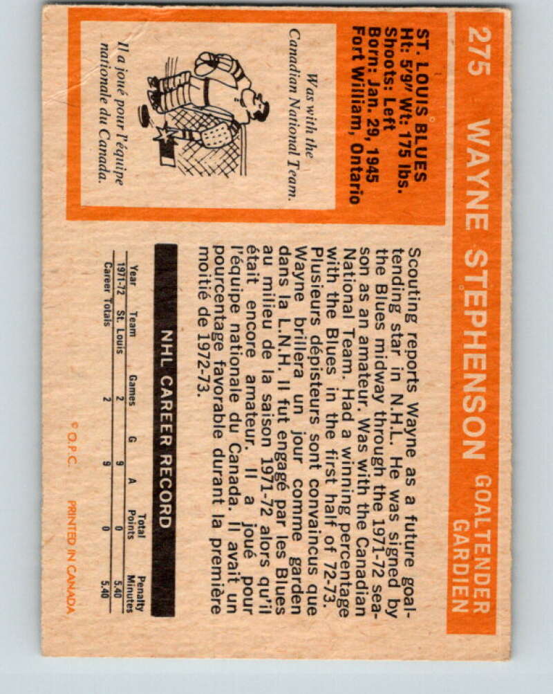 1972-73 O-Pee-Chee #275 Wayne Stephenson UER RC Rookie St. Louis Blues V4187