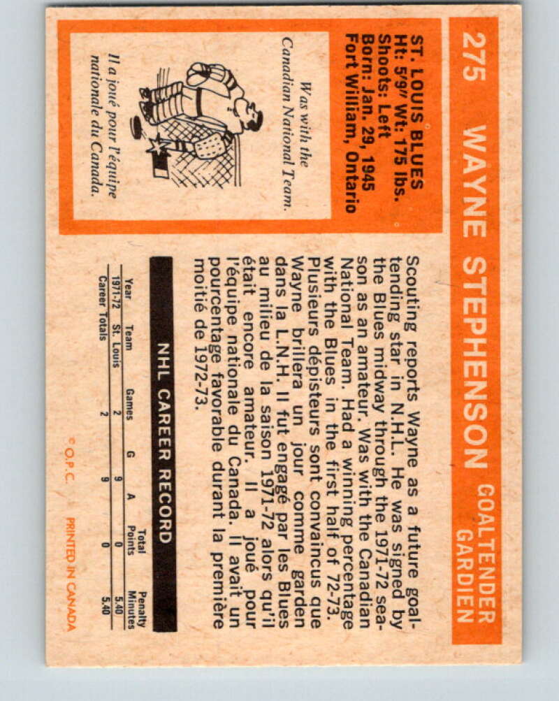 1972-73 O-Pee-Chee #275 Wayne Stephenson UER RC Rookie St. Louis Blues V4188