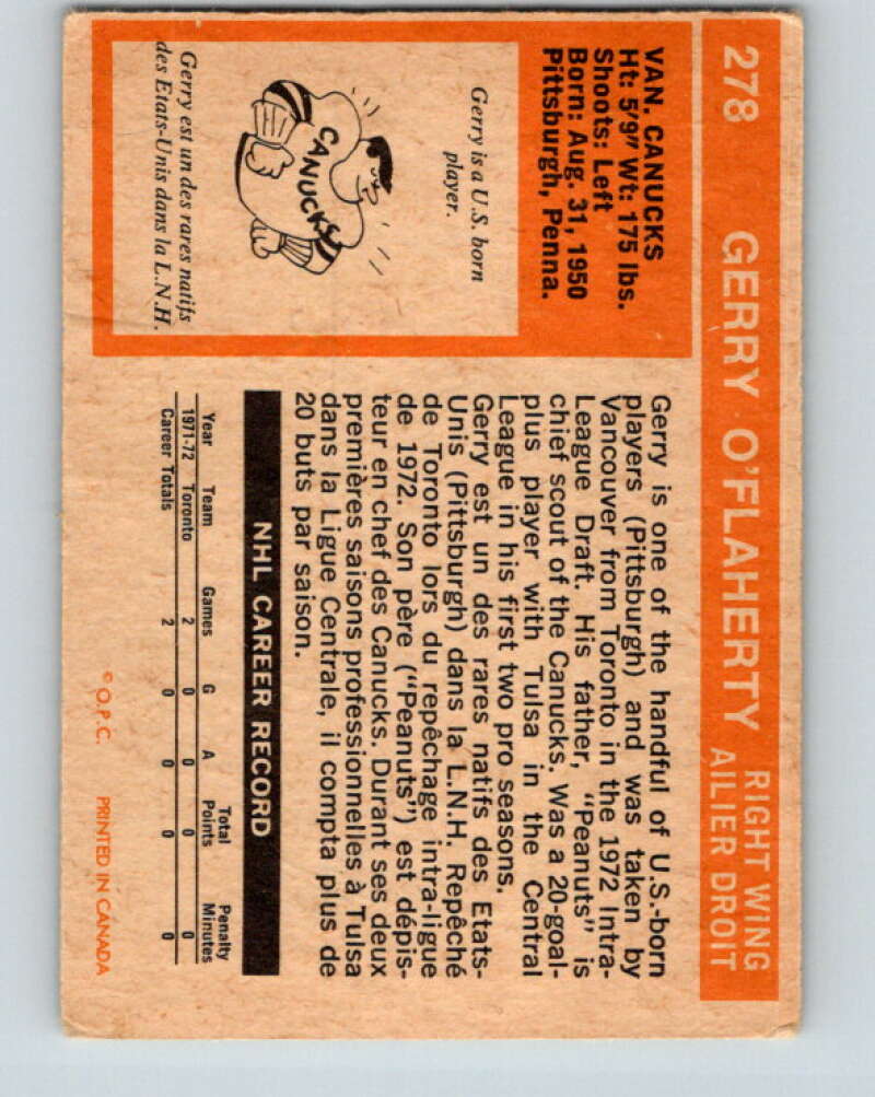 1972-73 O-Pee-Chee #278 Gerry O'Flaherty RC Rookie Vancouver Canucks V4189